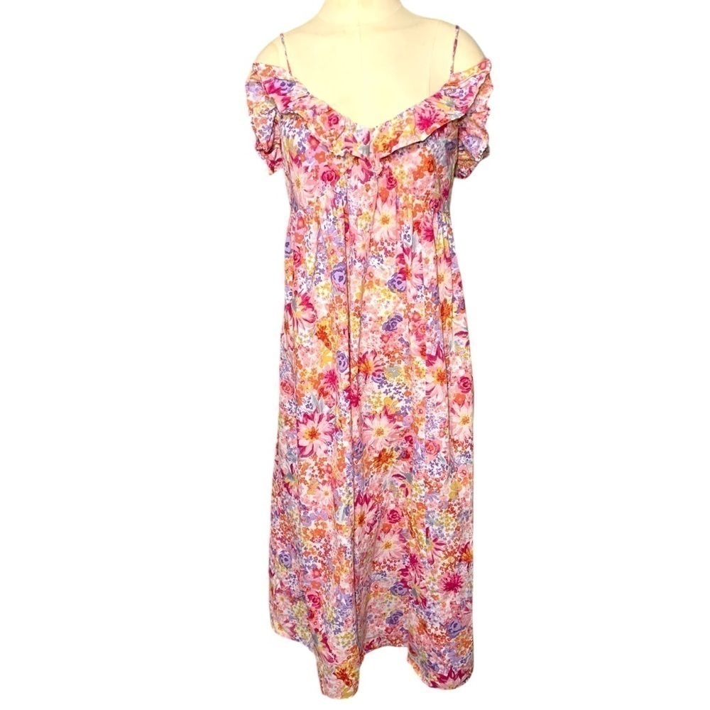 Floral Maxi Dress Pink Sz M Colorful Cotton Ruffle Neckline Boho Prairie - Picture 2 of 13